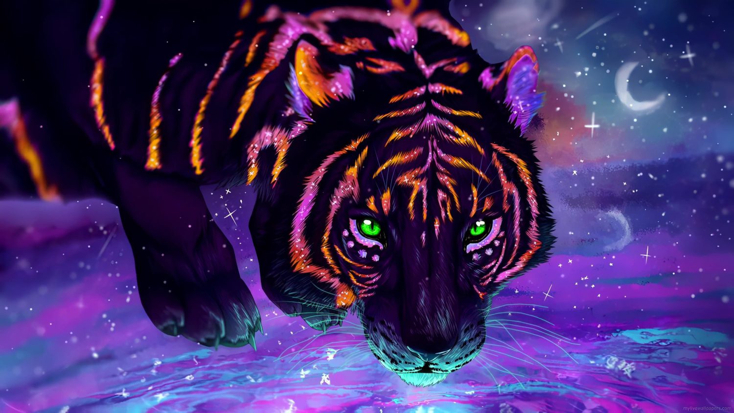 Neon Tiger Drinking Snow Live Wallpaper - HDLiveWall.com